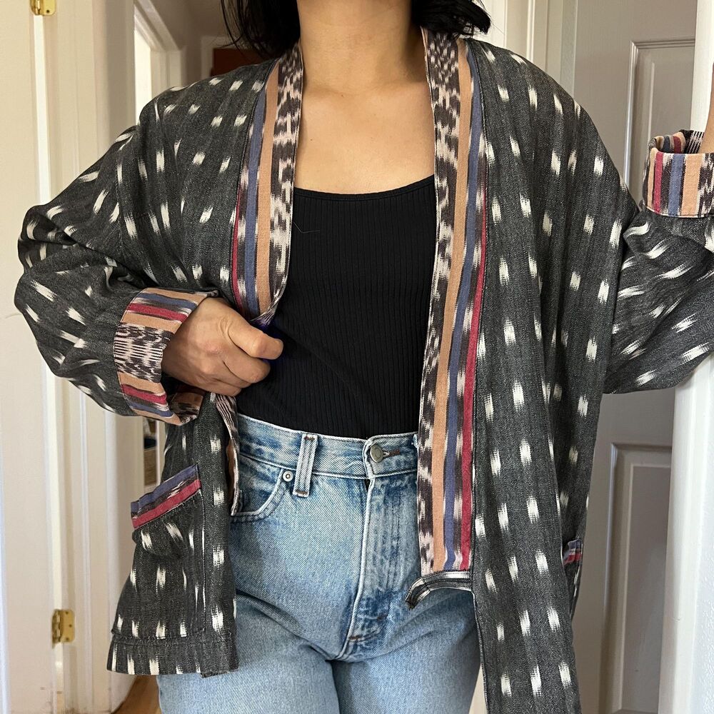 Vintage Kimono Jacket Batik Southwest Gray‎ pink One Size cotton Bohemian retro